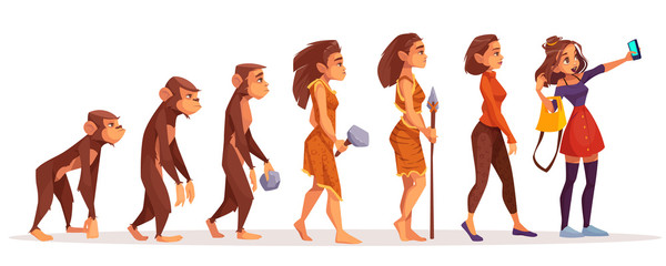 Womens beauty and fashion evolution cartoon vector concept. Female monkey, primate walking upright, stone age hunter in animal skin, modern, dressed fashionable woman making selfie photo illustration