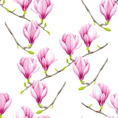 Fototapete Magnolie Aquarell rosa Magnolienmuster. Handgemalte Illustration auf weißem Hintergrund