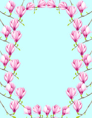 Beautiful watercolor pink magnolia flowers frame. Hand drawn illustration on light blue background with space for text for wedding invitations, save the date, greeting cards