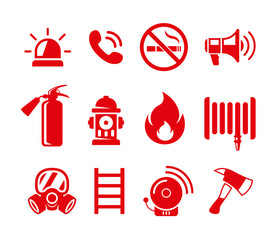 Set of fire safety vector icons. Fire emergency icons set.