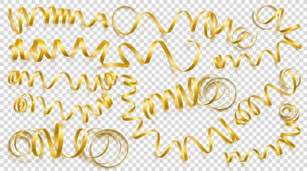 Set of realistic gold ribbons on transparency background. Vector illustration. Can be used for greeting card, holidays, banners, gifts and etc.