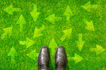black shoes standing on grass wIth arrow sIgns point in different direction, decision makIng concept