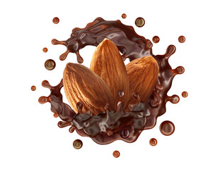 Melted dark chocolate or chocolate syrup splash with almonds isolated. Chocolate drops and almond nuts liquid swirl splash design advertising element. Nuts chocolate flavors.  3D render