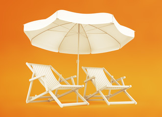 Couple's Vacation Spot. Two beach chairs and parasol on yellow / orange background. 3D rendering graphics on the subject of 'Summer Recreation'.