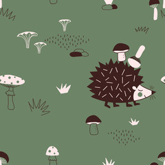 Summer Forest seamless vector pattern. Hedgehog collecting mushrooms repeatable background. Woodland childish print in Scandinavian decorative style. Cute forest animal backdrop.