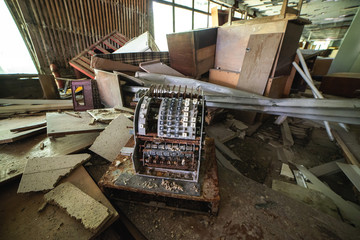 Retro cash box in abandoned Pripyat city in Chernobyl Exclusion Zone, Ukraine