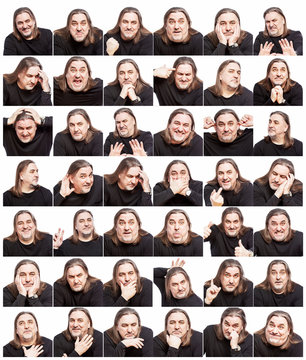 Set of images of a middle-aged man. Different emotions, collage. White background.