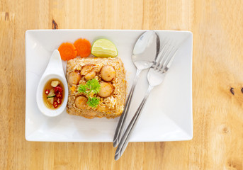 Thai food fried rice saucesage and egg serve