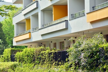 Fototapeta premium Ornamental shrubs and plants near a residential city house