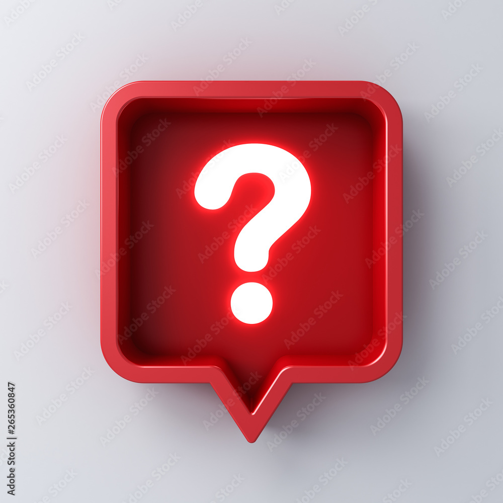 Poster 3d social media notification neon light question mark icon in red rounded square pin isolated on white background with shadow 3D rendering