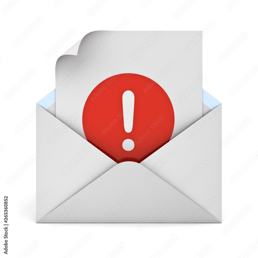 Aufkleber Alert e mail message concept Exclamation mark on paper in envelope isolated on white background with shadow 3D rendering
