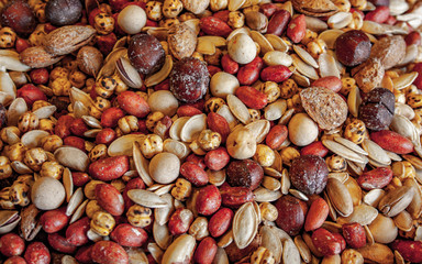 Close up photo of a mixed of nuts and seeds.