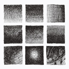 Hand drawn wavy cross hatching gradient textures made with ink. Graphic design template collection. Uneven hatched lines, abstract drawing, organic background, linear graphic pattern. Isolated vector.