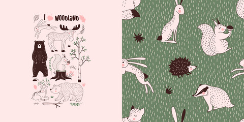 Forest wildlife childish fashion textile graphics set with t-shirt print and accompanied tileable background in decorative Scandinavian style. Woody landscape elements Bear Hare Squirrel Moose Deer © AngellozOlga