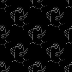 Obraz premium Cute cartoon spring bird pattern with hand drawn dancing birds. Sweet vector black and white spring bird pattern. Seamless monochrome doodle spring bird pattern for textile, wallpapers, wrap and web.
