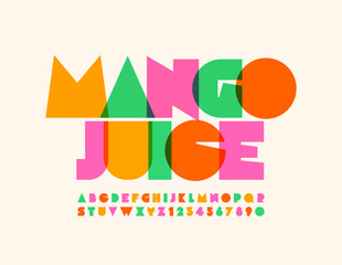 Vector bright emblem Mango Juice with transparent creative Font. Colorful Uppercase Alphabet Letters and Numbers