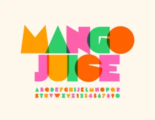 Fotobehang Vector bright emblem Mango Juice with transparent creative Font. Colorful Uppercase Alphabet Letters and Numbers © Popskraft