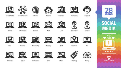 Social media network glyph icon set part 1 with global internet website, digital business and marketing technology, web support, message, share and like silhouette symbols.