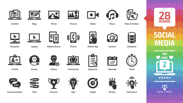 Social media network glyph icon set part 2 with global internet digital technology, computer, laptop and mobile device, web content: blog, photo, picture, video and music silhouette symbols.