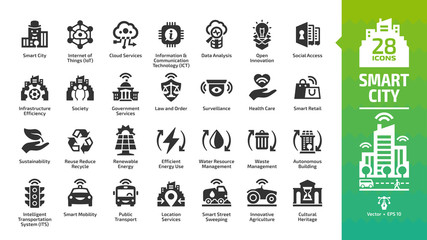 Smart city icon set with infrastructure efficiency technology, future digital urban, autonomous building and home, internet of things, cloud computing, innovation business and transport glyph symbols.