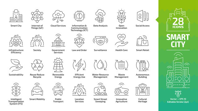 Smart city outline icon set with infrastructure efficiency technology, future digital urban, autonomous building and home, internet of things, innovation business editable stroke line symbols.
