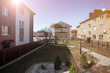 Beginning spring in the backyard. Sunshine and bluesky. Weekend barbecue. Private property.