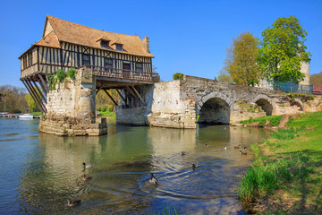 Old mill on bridge Seine river, Vernon, Normandy, France - obrazy, fototapety, plakaty
