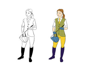 Clothes for a horseman. Cartoon girl character design.