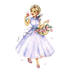 Pretty smiling woman. Travel series. Watercolor Illustration.