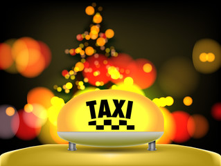 Christmas holiday background with a taxi top lantern and blurred glowing background. © sergeygerasimov