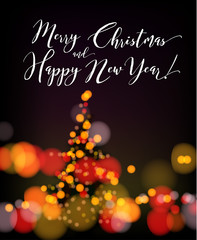Fototapeta na wymiar Christmas background with blur glowing lanterns and holiday fir tree.