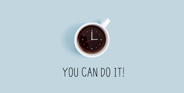 Coffee cup with clock overhead view flat lay