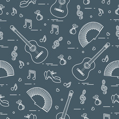 Pattern with fan, shoes, castanets, notes, guitars