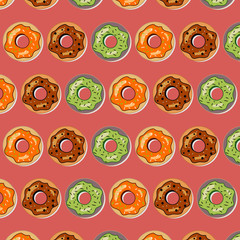 Donut pattern. Set of delicious colorful donuts. Tasty bakery product. Food design.  Vector illustration.