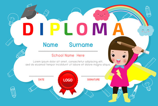 Certificates Kindergarten And Elementary, Preschool Kids Diploma Certificate Pattern Design Template, Diploma Template For Kindergarten Students, Certificate Of Super Hero Kids Diploma