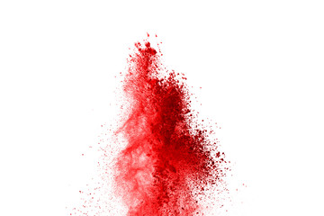Freeze motion of red powder exploding, isolated on white background. Abstract design of red dust cloud. Particles explosion screen saver, wallpaper