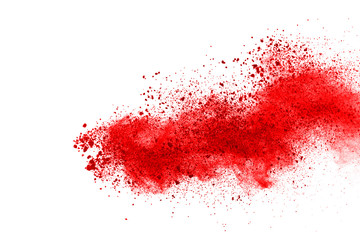 Freeze motion of red powder exploding, isolated on white background. Abstract design of red dust cloud. Particles explosion screen saver, wallpaper