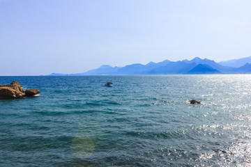Mediterranean landscape in Antalya. View of the mountains, sea, yachts and the city