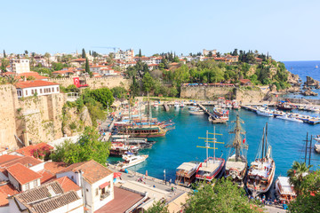 Mediterranean landscape in Antalya. View of the mountains, sea, yachts and the city - Antalya, Turkey, 04.23.2019