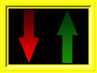 red and green arrows down and up in gradient colors with yellow frame on a black background