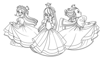 Three very cute princesses playing hide and seek outlined for coloring book isolated on white background