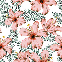 Tropical pink hibiscus flowers, palm leaves, white background. Vector seamless pattern. Jungle foliage illustration. Exotic plants. Summer beach floral design. Paradise nature