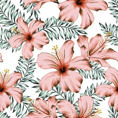 Fotobehang Hibiscus Tropische roze hibiscus bloemen, palmbladeren, witte achtergrond. Vector naadloos patroon. Jungle gebladerte illustratie. Exotische planten. Zomer strand bloemmotief. Paradijs natuur