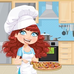 Cute curly hair girl chef offers a taste of pizza in interior light classic wood kitchen with blue tiles