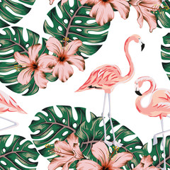 Tropical pink flamingo, hibiscus flowers, monstera palm leaves, white background. Vector seamless pattern. Jungle illustration. Exotic plants, birds. Summer floral design. Paradise nature