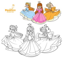 Three very cute princesses playing hide and seek color and outlined for coloring book isolated on white background © Azuzl