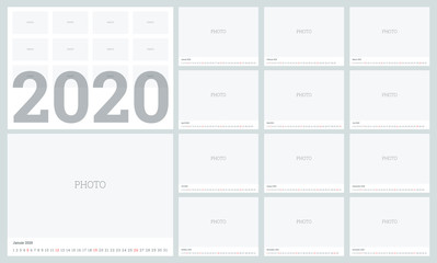 Calendar 2020. 380x280 mm format for print. Set Desk Calendar template design with Place for Photo. Set of 12 Months. Vector layout. Pastel cover. 