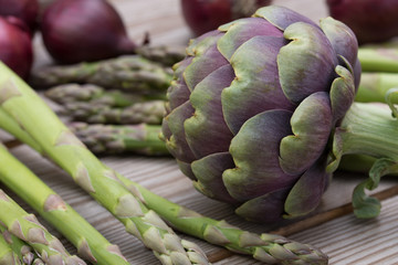 artichoke, asparagus, red onion healthy green and violet  vegetables