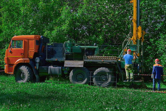 Engineering Geological Surveys And Works. Drilling Equipment Engineers Geologists On A Truck. Soil Sampling For Future Construction.