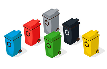 Garbage sorting containers. Plastic, metal. organic, e-waste, paper, cardboard and glass sorting. Isometric illustration in a white background
